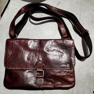 Jack Georges Tooled Brown Leather Satchel Adjustable Strap Snap Magnetic Close